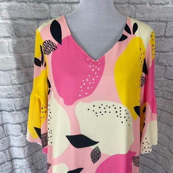 Feifeiyu women L v-cut lemon print fully lined shift dress 3/4 flutter sleeve - Picture 2 of 11